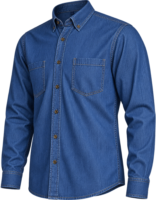 Camisa Denim Bolsillo Pegado Manga Larga 100% Algodón 4.5 Oz.
